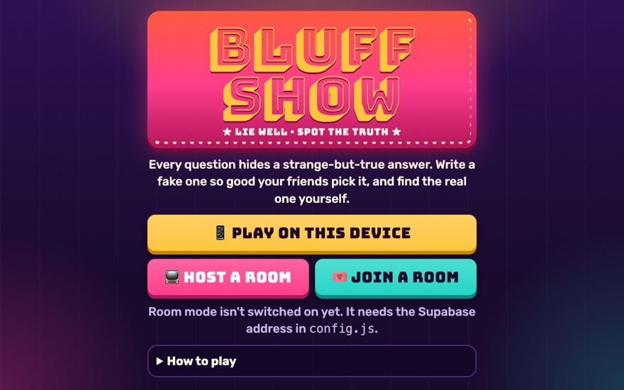 The Bluff Show home screen: a neon 70s game-show title card over a purple curtain, with Play on this device, Host a room and Join a room