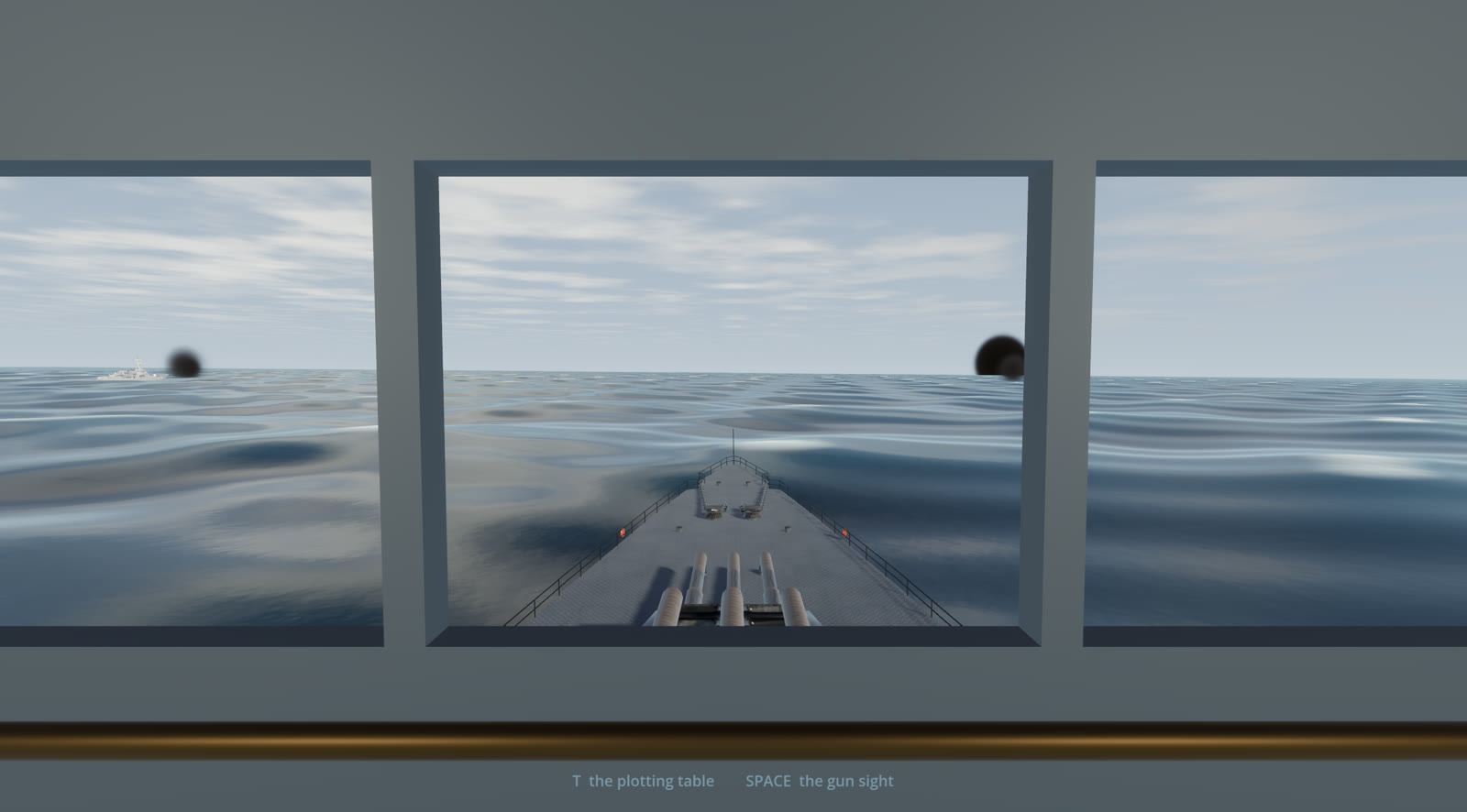 The view from a battleship\u2019s bridge: the bulwark across the foreground, the foredeck and two triple gun turrets below, open ocean ahead