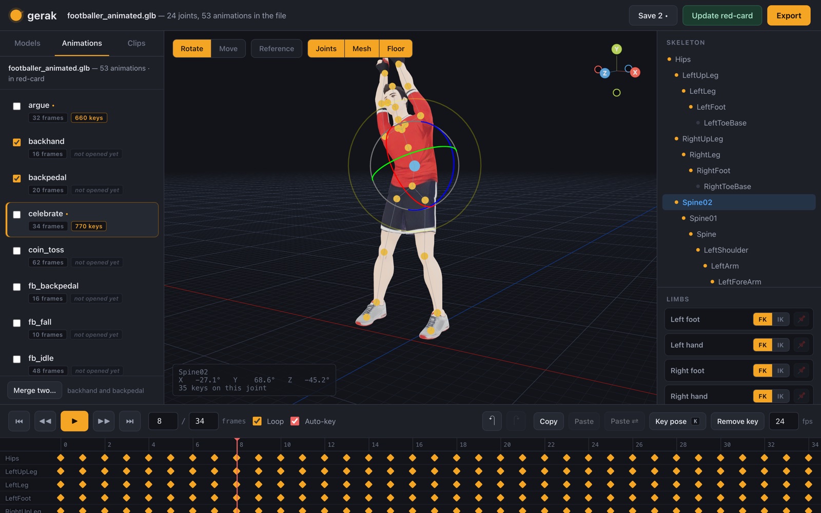 The gerak Mac app: a character in a 3D viewport with an amber dot on every joint and a rotation ring on the selected one, the list of all fifty-three animations in the file down the left, an FK/IK switch per limb on the right with one foot pinned, and a keyframe timeline along the bottom