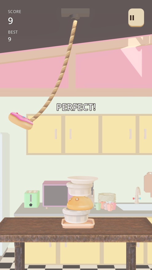Kedai Runtuh gameplay, a tower of food with PERFECT on screen