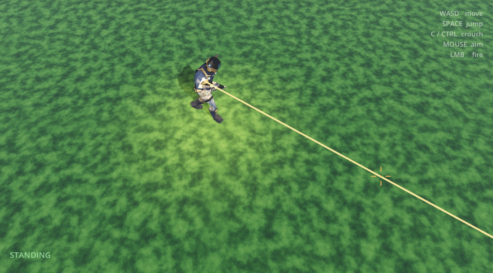 A top-down view of a soldier mid-stride on grass, firing a rifle, with a tracer running out to a crosshair and the muzzle flash lighting the ground around him