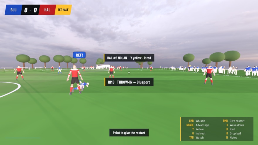 First-person view of a football referee after a challenge: a player on the grass shouting REF!, the tackler named under the crosshair, and the controls listed in the corner