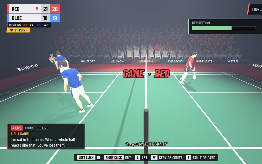 Badminton rally from the umpire's chair with a BWF-style score bug reading 21-18, 20-19 and a match point tab