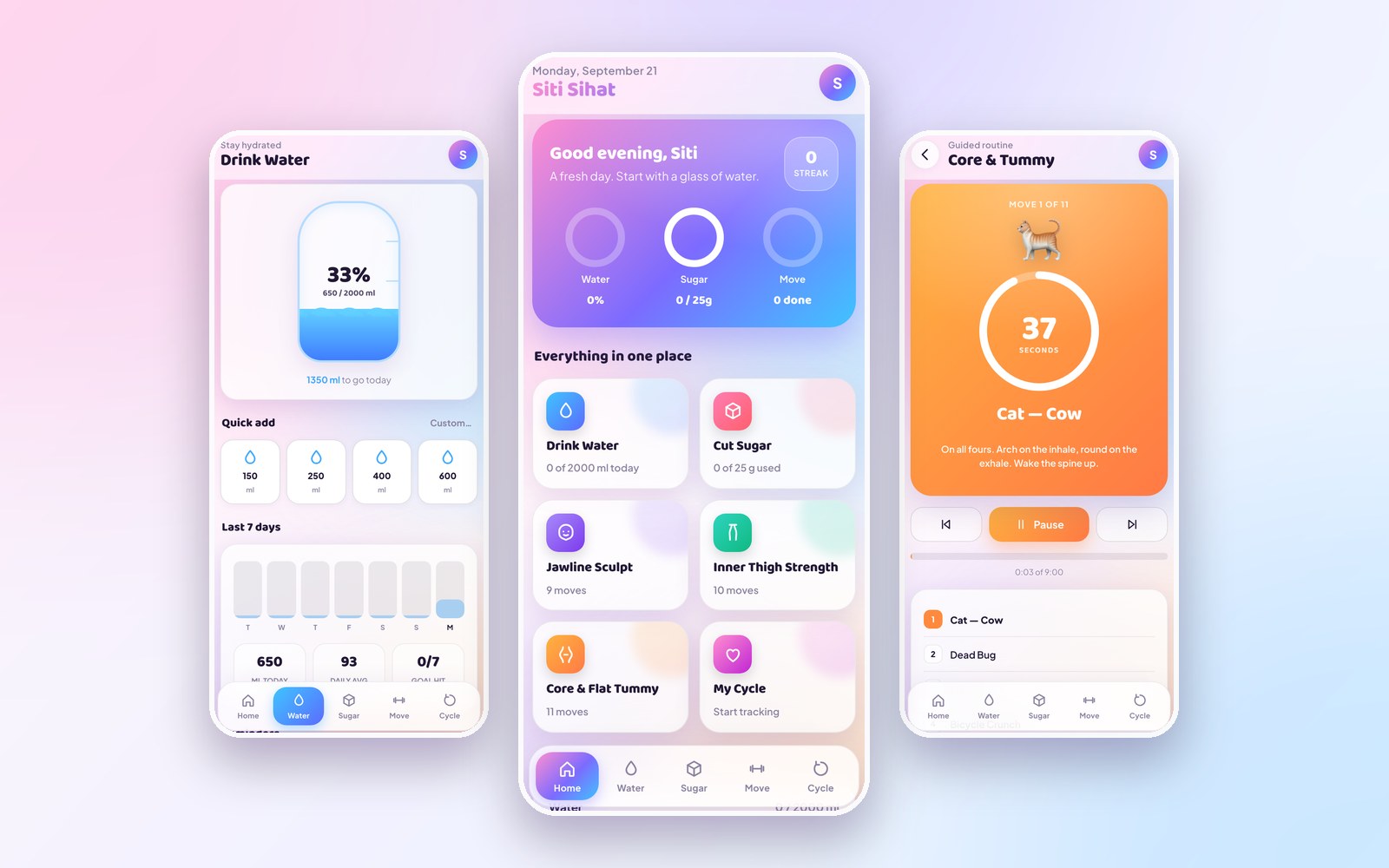 Siti Sihat on three phone screens: a water tracker with a filling bottle, the home dashboard with three daily rings and six feature cards, and a guided routine counting down 39 seconds of Cat โ Cow