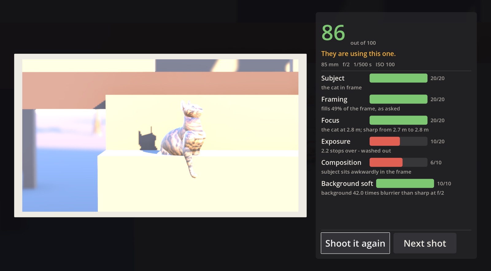 The review screen of Snapshot: a photograph of a cat on a step with the background blurred away, beside a report scoring it 86 out of 100