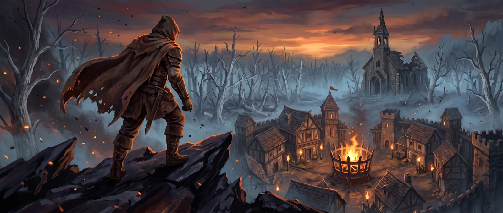 Key art for The Forsaken: a hooded wanderer on a black rock ridge looking down at the village of Emberhollow, its failing brazier burning against a dead forest and a ruined chapel